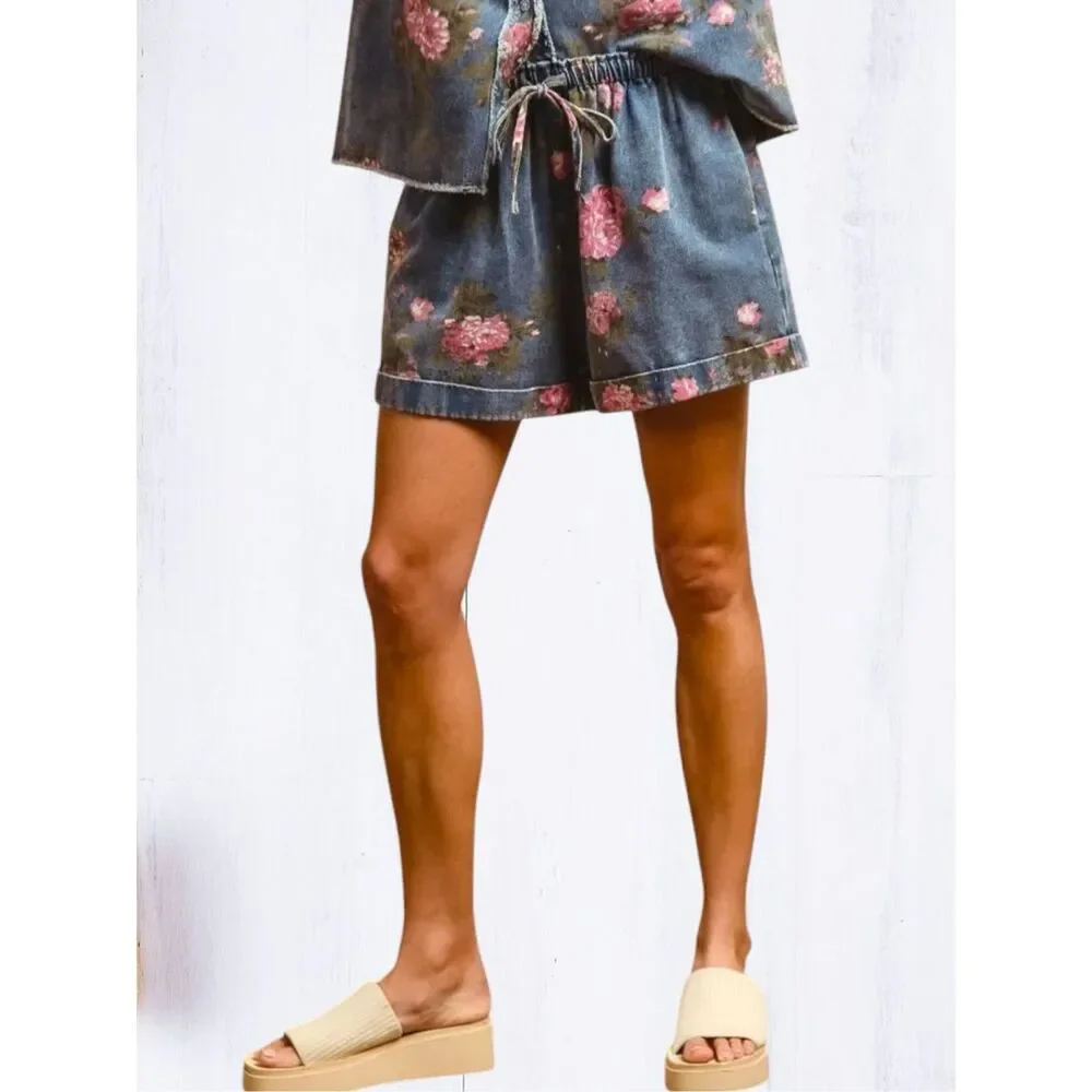 BiBi Floral Denim Short High Rise Drawstring Pink Rose Print Relaxed Fit Pockets - Picture 5 of 12